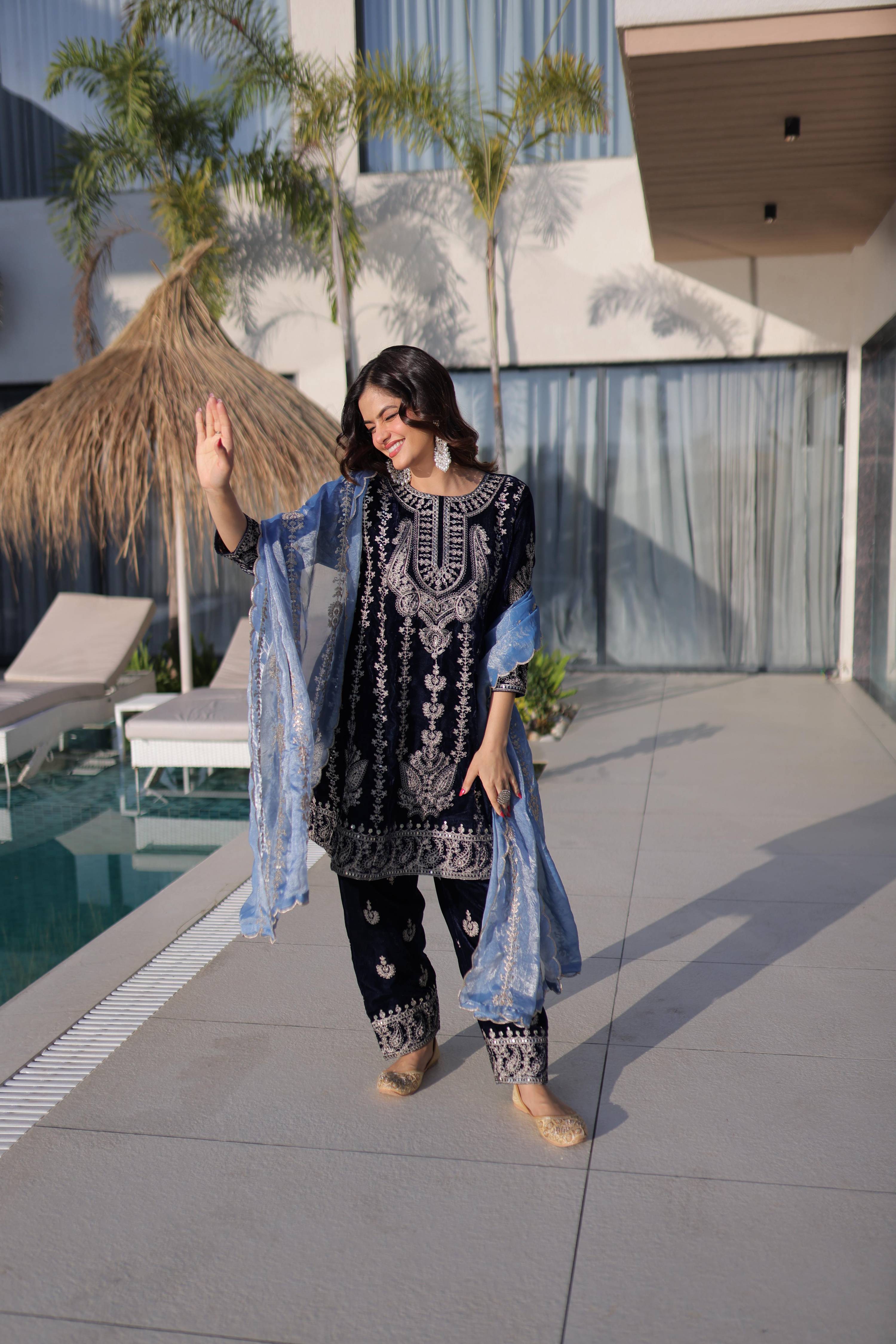 Jyoti Fashion Navy Blue 9000 Velvet Zari Embroidered Kurta Set with Dupatta