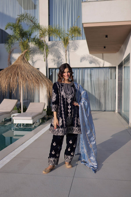 Jyoti Fashion Navy Blue 9000 Velvet Zari Embroidered Kurta Set with Dupatta