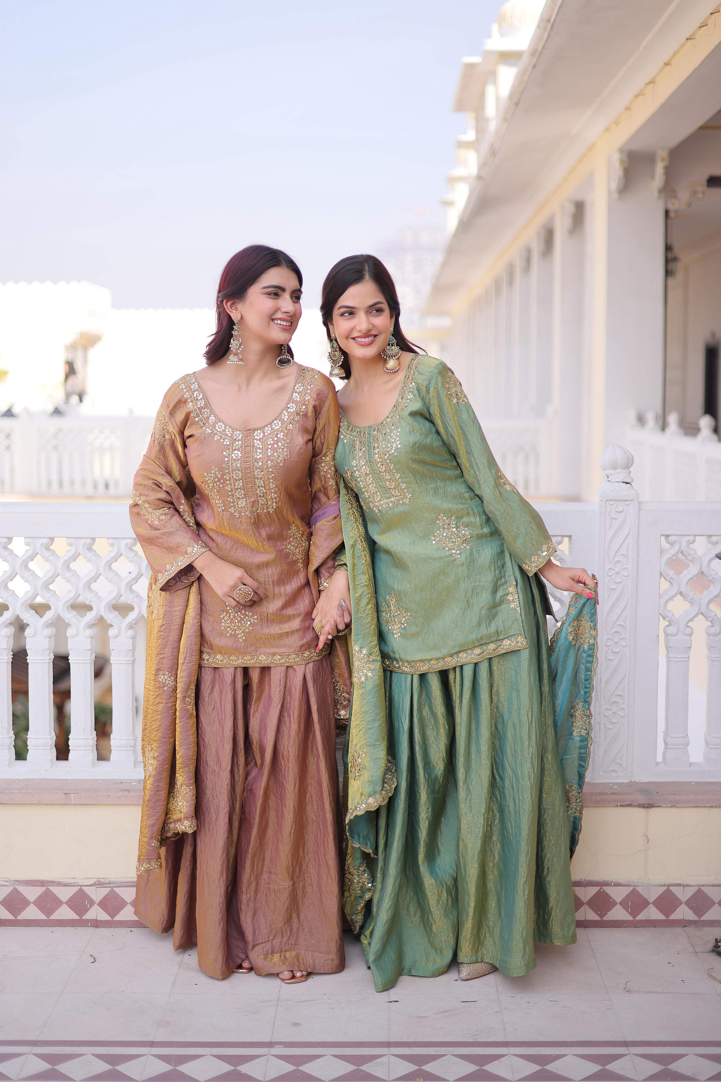 Jyoti Fashion Brown & Sea Green Fendi Crush Zari Embroidered Combo Sharara Set with Dupatta