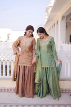Jyoti Fashion Brown & Sea Green Fendi Crush Zari Embroidered Combo Sharara Set with Dupatta