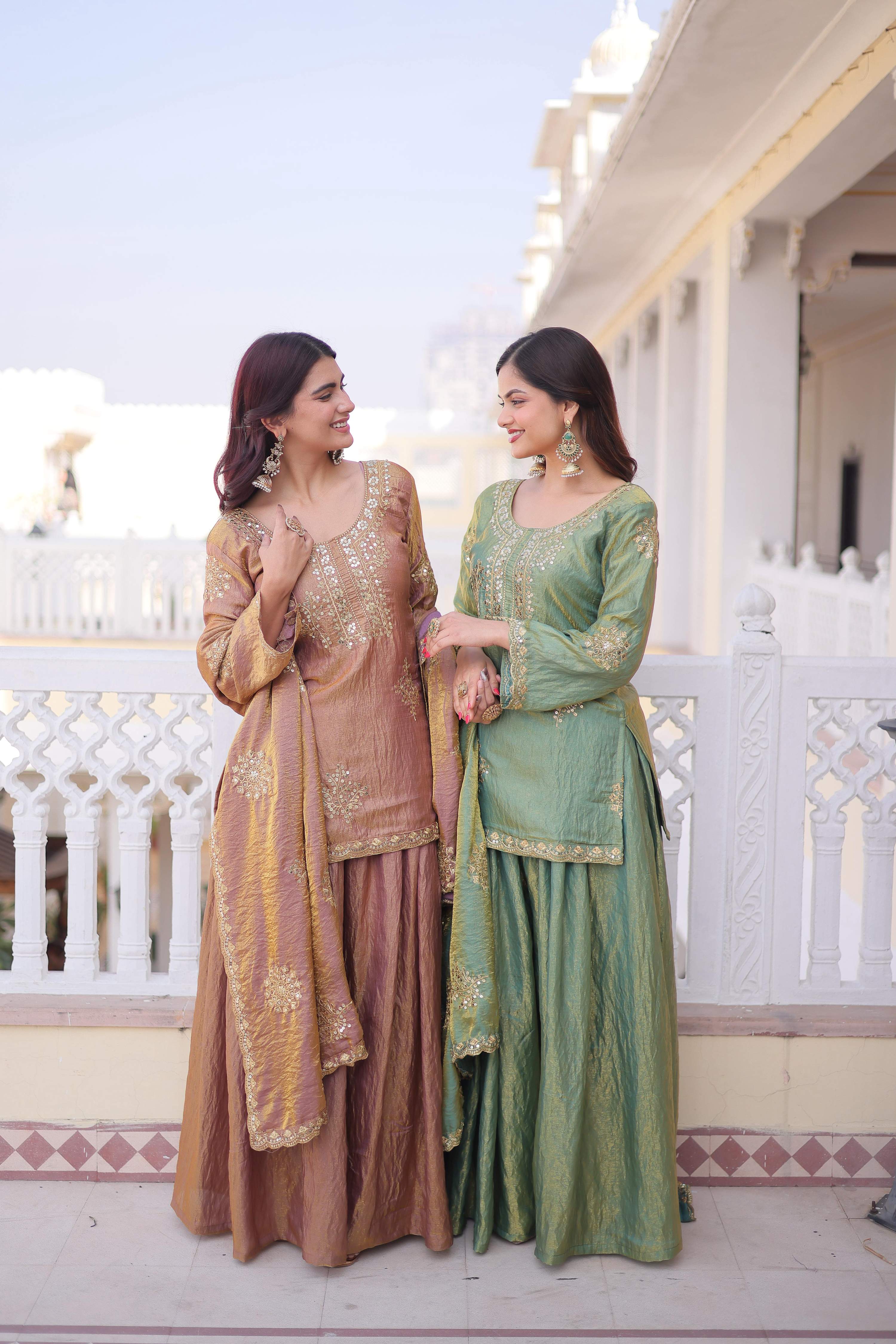 Jyoti Fashion Brown & Sea Green Fendi Crush Zari Embroidered Combo Sharara Set with Dupatta