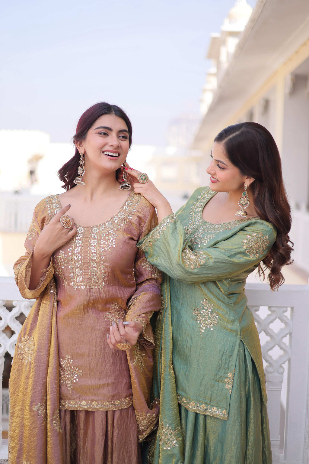 Jyoti Fashion Brown & Sea Green Fendi Crush Zari Embroidered Combo Sharara Set with Dupatta