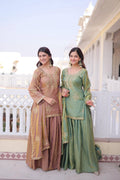 Jyoti Fashion Brown & Sea Green Fendi Crush Zari Embroidered Combo Sharara Set with Dupatta