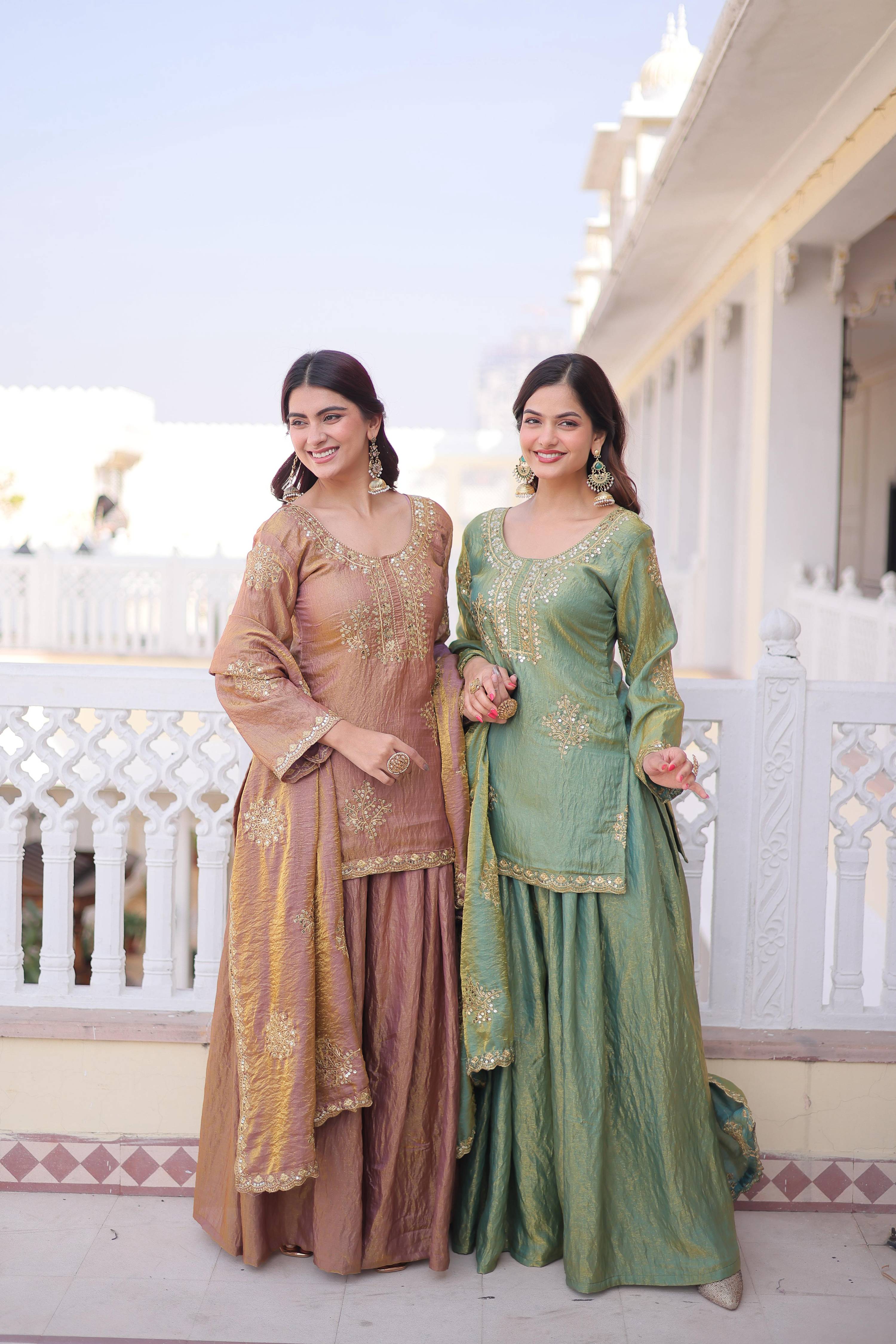 Jyoti Fashion Brown & Sea Green Fendi Crush Zari Embroidered Combo Sharara Set with Dupatta