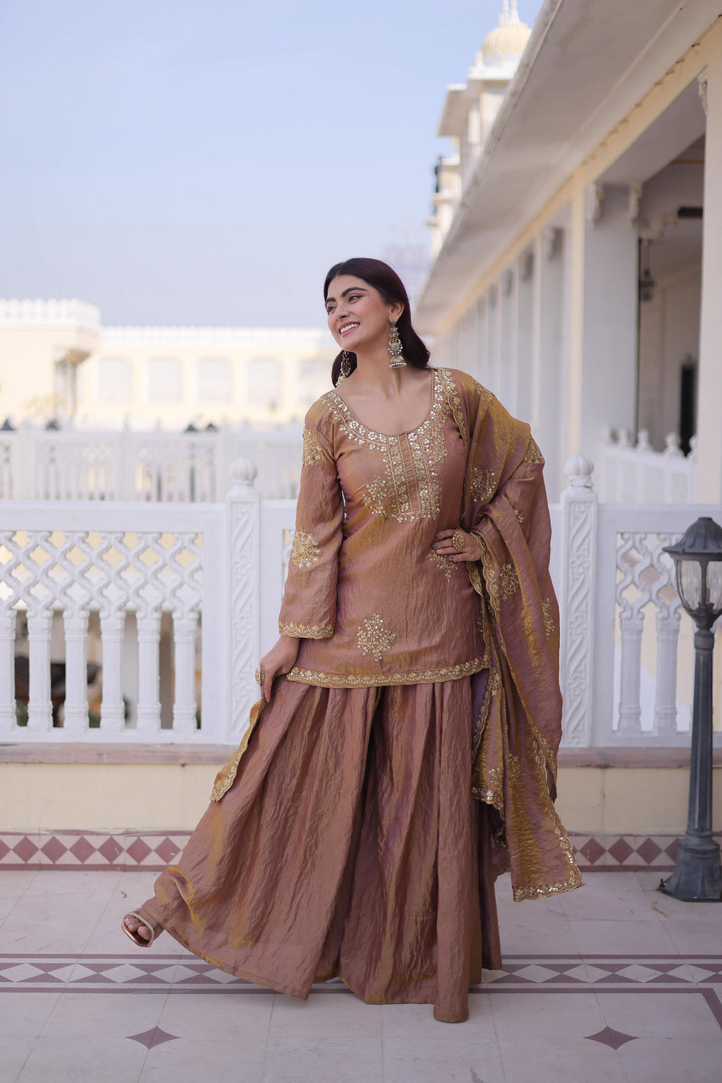 Jyoti Fashion Brown Fendi Crush Zari Embroidered Sharara Set with Dupatta