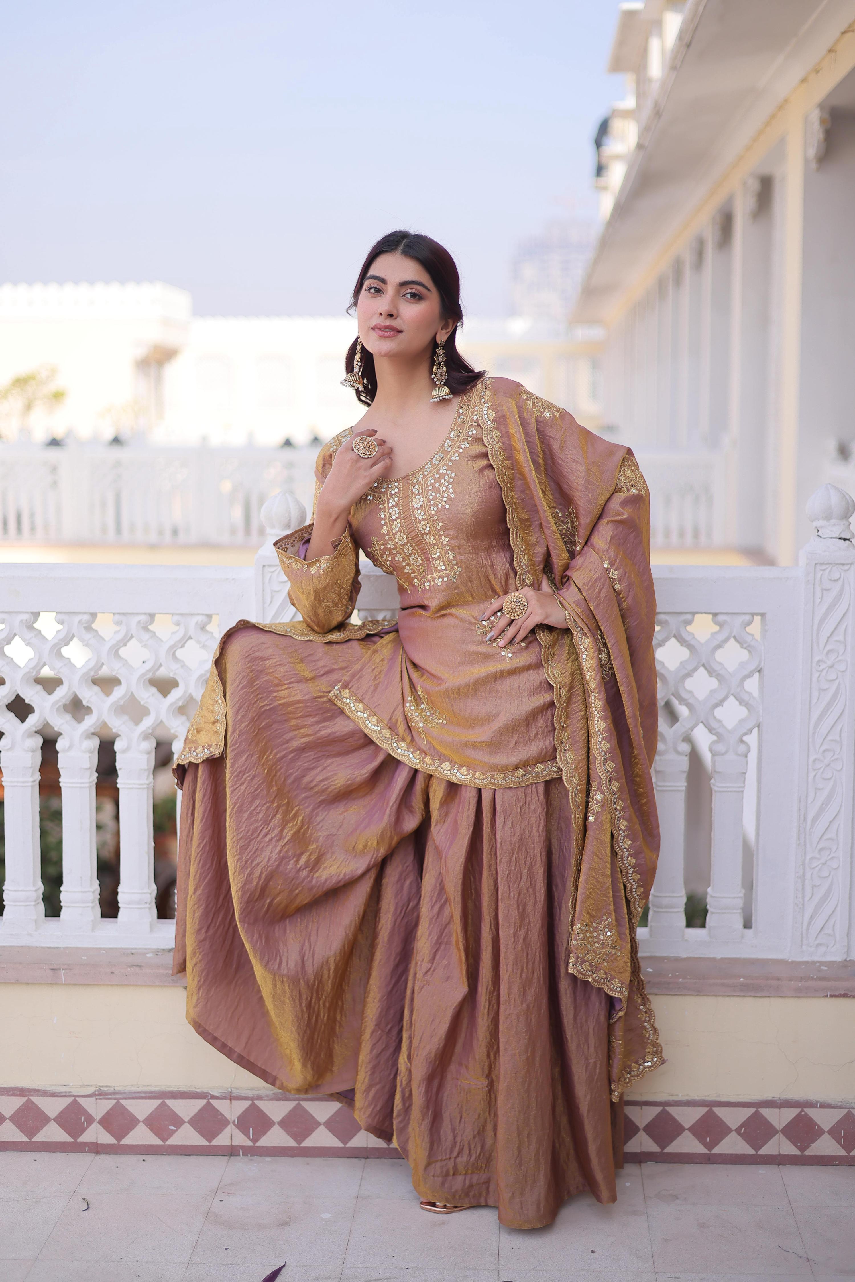 Jyoti Fashion Brown Fendi Crush Zari Embroidered Sharara Set with Dupatta