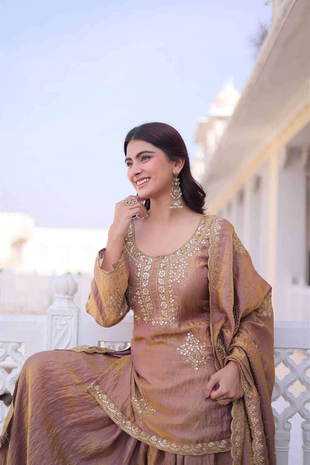 Jyoti Fashion Brown Fendi Crush Zari Embroidered Sharara Set with Dupatta
