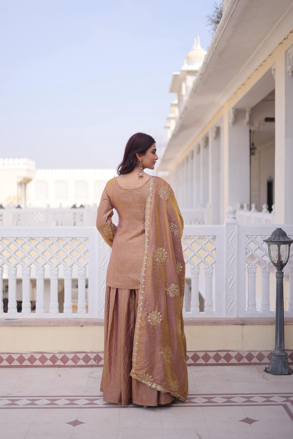 Jyoti Fashion Brown Fendi Crush Zari Embroidered Sharara Set with Dupatta