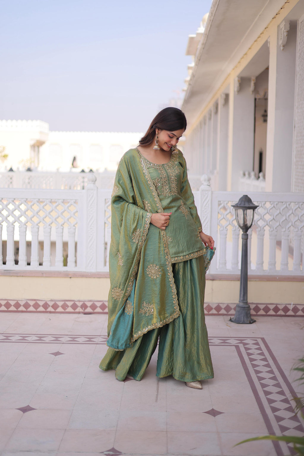 Jyoti Fashion Sea Green Fendi Crush Zari Embroidered Sharara Set with Dupatta