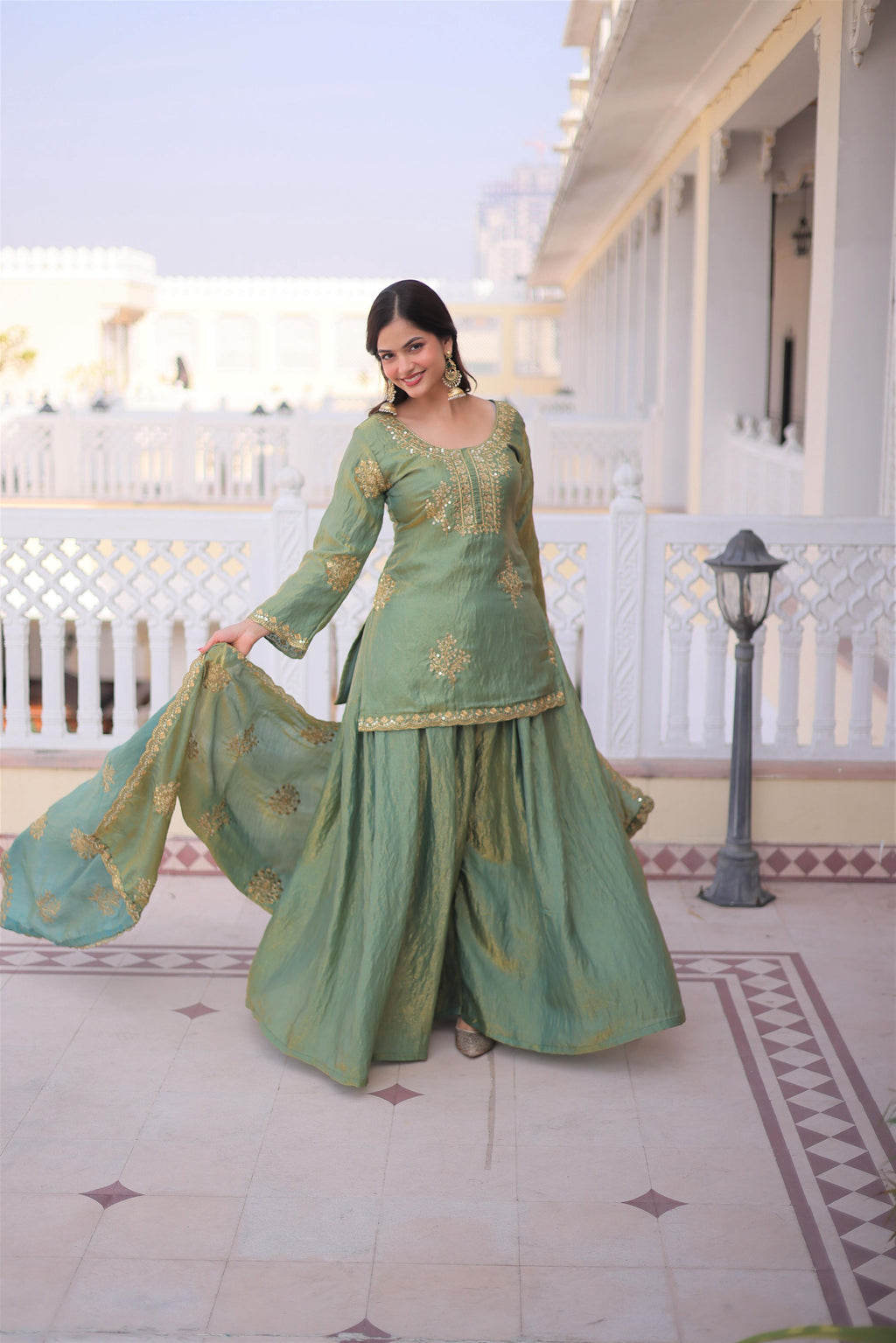 Jyoti Fashion Sea Green Fendi Crush Zari Embroidered Sharara Set with Dupatta