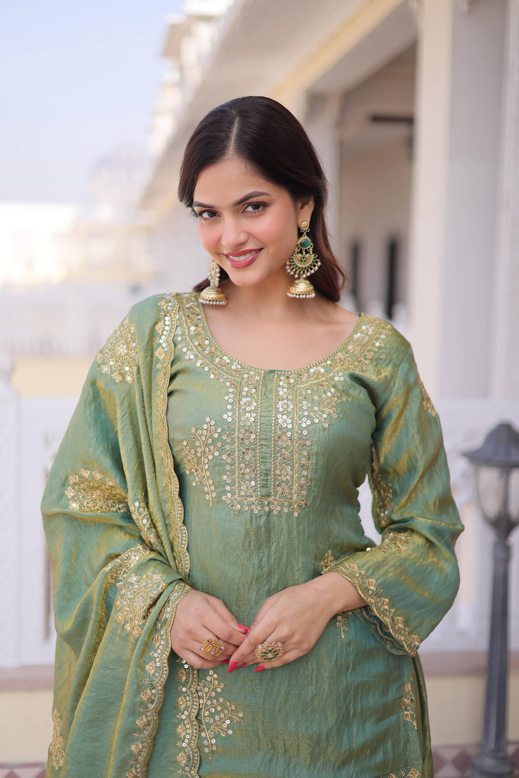 Jyoti Fashion Sea Green Fendi Crush Zari Embroidered Sharara Set with Dupatta