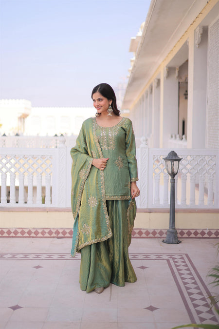 Jyoti Fashion Sea Green Fendi Crush Zari Embroidered Sharara Set with Dupatta