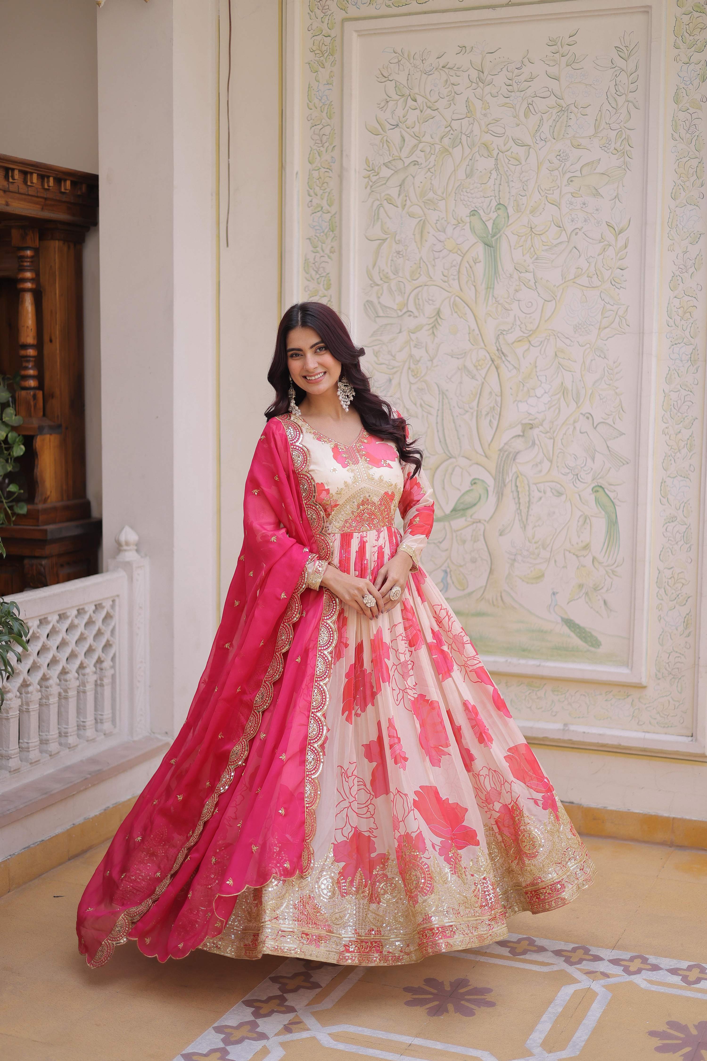 Jyoti Fashion Pink Russian Silk Sequins Embroidered Anarkali Set with Dupatta