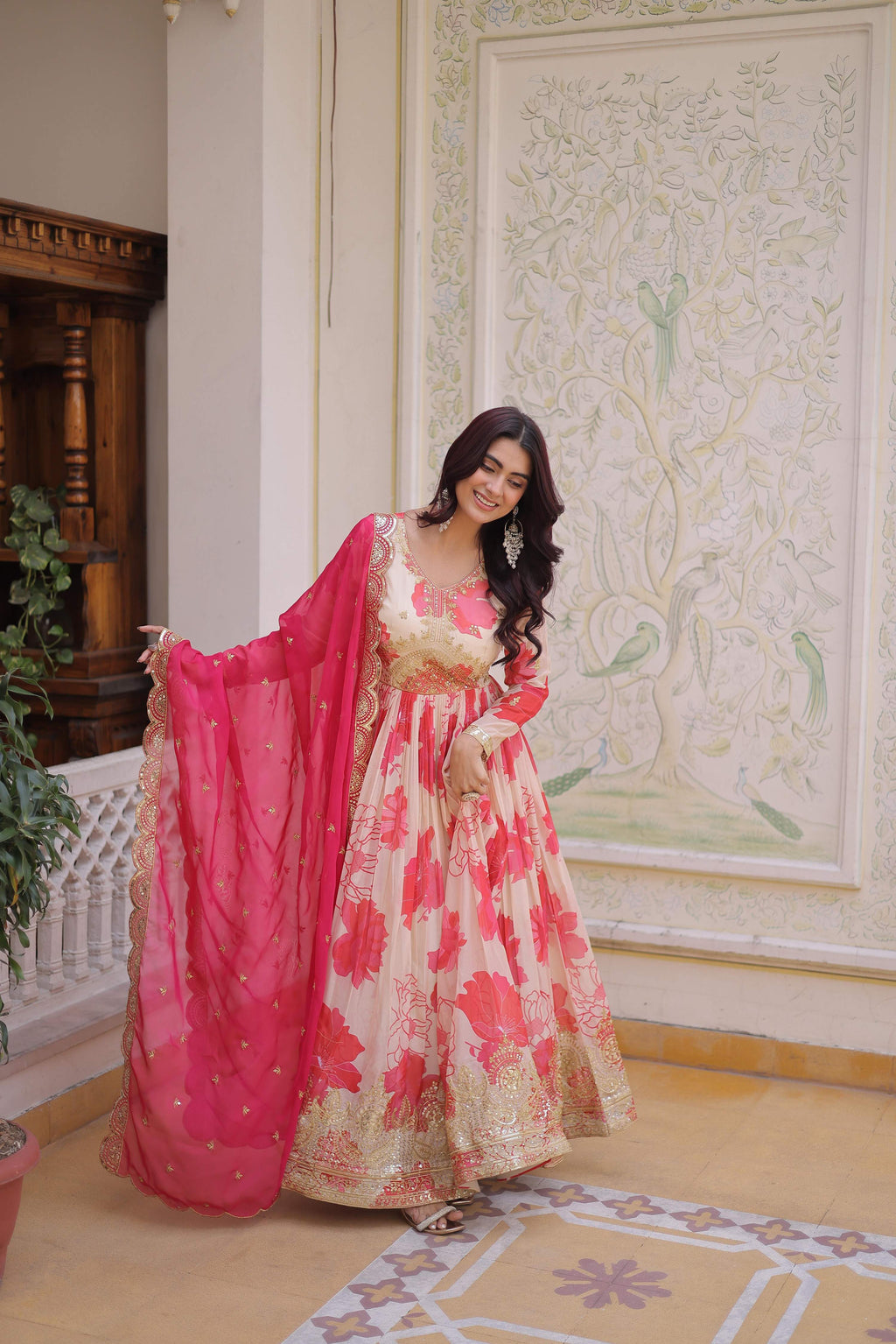 Jyoti Fashion Pink Russian Silk Sequins Embroidered Anarkali Set with Dupatta