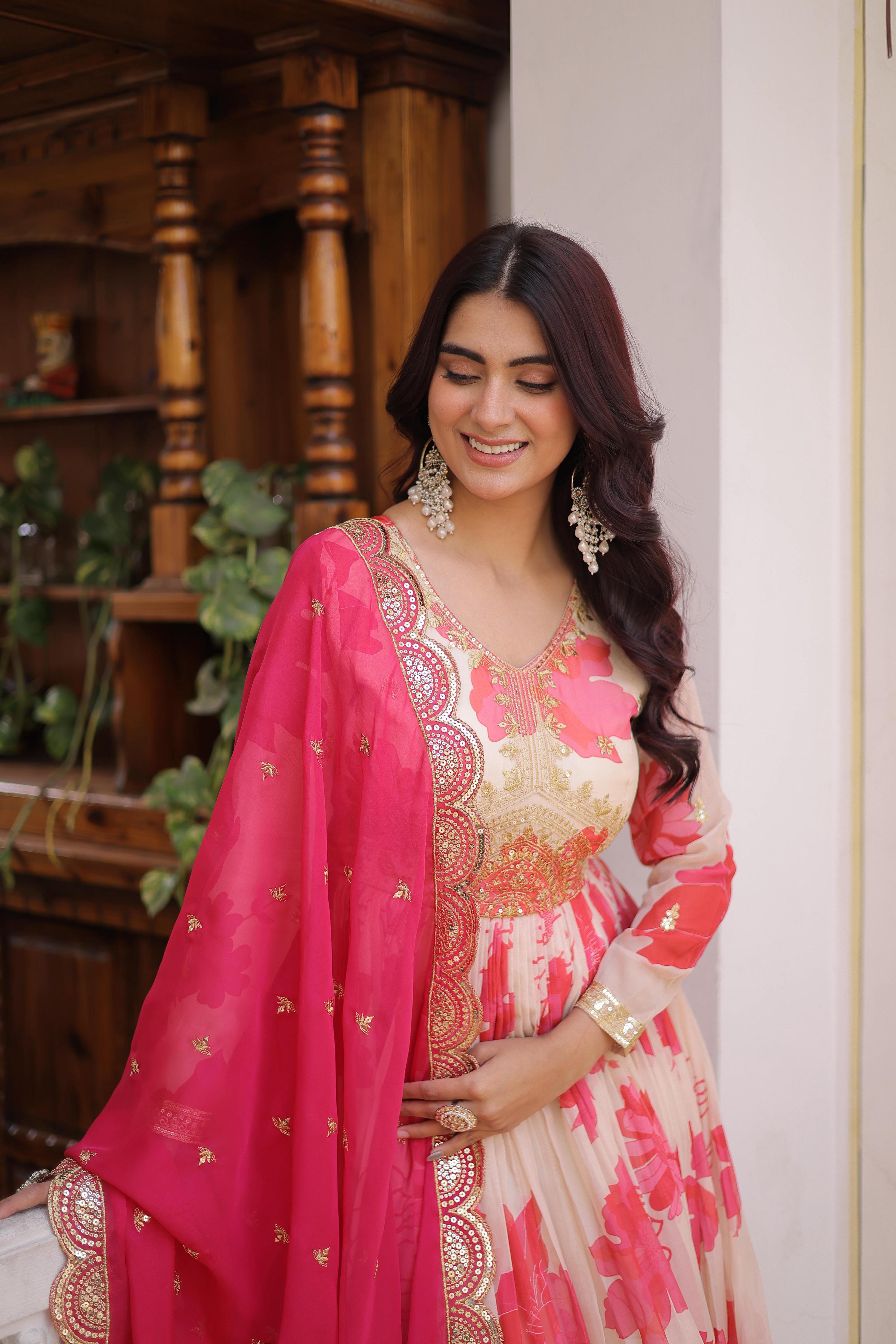 Jyoti Fashion Pink Russian Silk Sequins Embroidered Anarkali Set with Dupatta