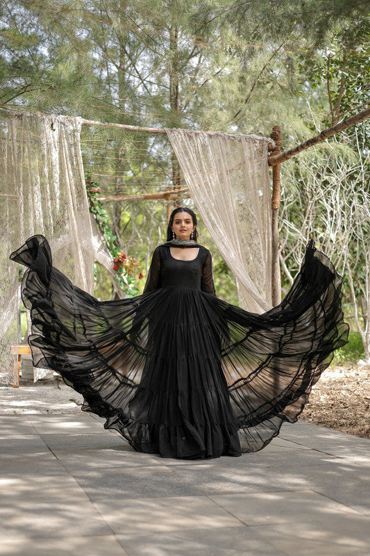 Jyoti Fashion Women's Black Faux Georgette 5 Layer Frill Anarkali Dress with Dupatta