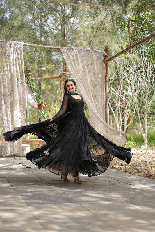 Jyoti Fashion Women's Black Faux Georgette 5 Layer Frill Anarkali Dress with Dupatta
