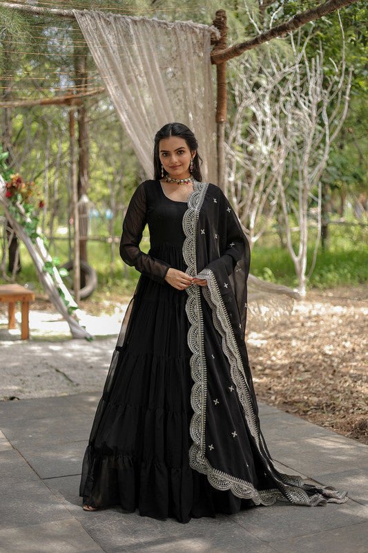 Jyoti Fashion Women's Black Faux Georgette 5 Layer Frill Anarkali Dress with Dupatta