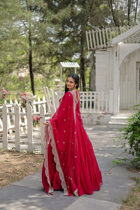 Jyoti Fashion Women's Rani Pink Faux Georgette 5 Layer Frill Anarkali Dress with Dupatta