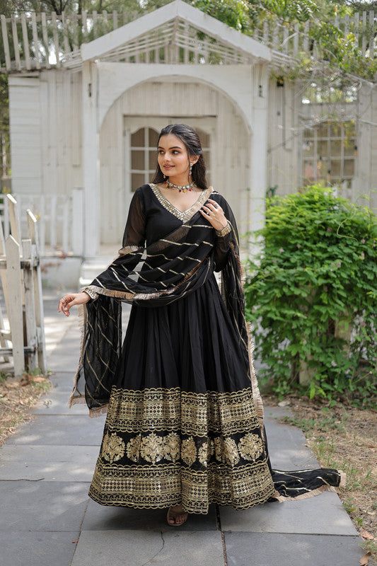 Jyoti Fashion Women's Black Faux Blooming Sequins Embroidery Anarkali Dress with Dupatta