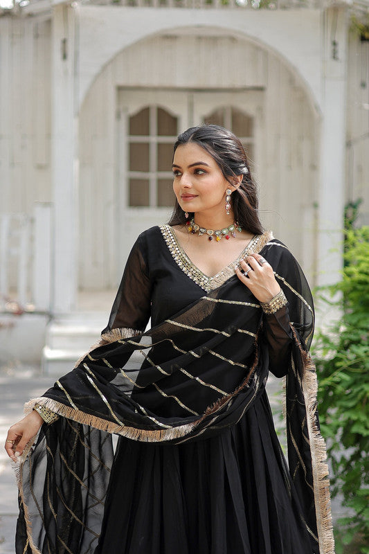 Jyoti Fashion Women's Black Faux Blooming Sequins Embroidery Anarkali Dress with Dupatta