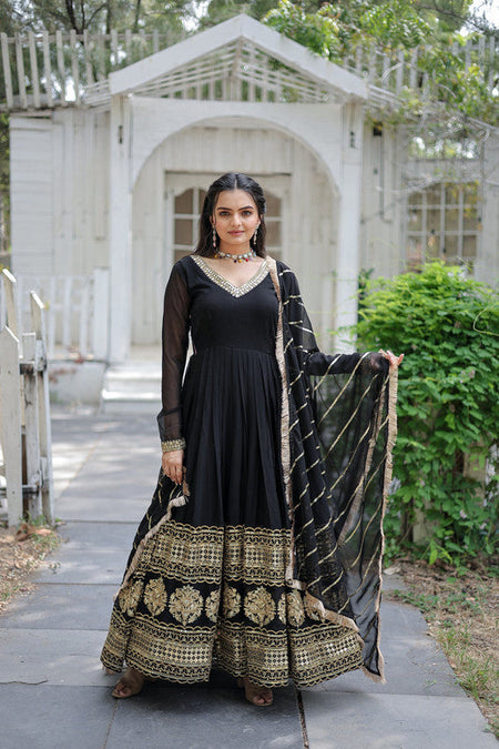 Jyoti Fashion Women's Black Faux Blooming Sequins Embroidery Anarkali Dress with Dupatta