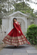 Jyoti Fashion Women's Maroon Faux Blooming Sequins Embroidery Anarkali Dress with Dupatta
