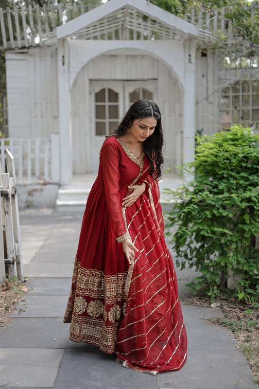 Jyoti Fashion Women's Maroon Faux Blooming Sequins Embroidery Anarkali Dress with Dupatta