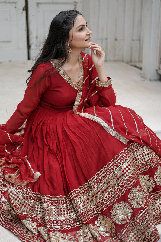 Jyoti Fashion Women's Maroon Faux Blooming Sequins Embroidery Anarkali Dress with Dupatta
