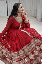 Jyoti Fashion Women's Maroon Faux Blooming Sequins Embroidery Anarkali Dress with Dupatta