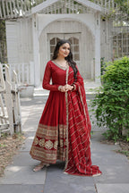 Jyoti Fashion Women's Maroon Faux Blooming Sequins Embroidery Anarkali Dress with Dupatta