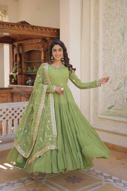 Jyoti Fashion Women's Green Faux Georgette Embroidered Partywear Anarkali Dress with Dupatta