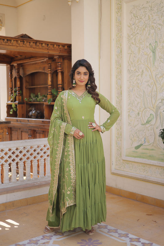 Jyoti Fashion Women's Green Faux Georgette Embroidered Partywear Anarkali Dress with Dupatta