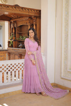 Jyoti Fashion Women's Purple Faux Georgette Embroidered Partywear Anarkali Dress with Dupatta