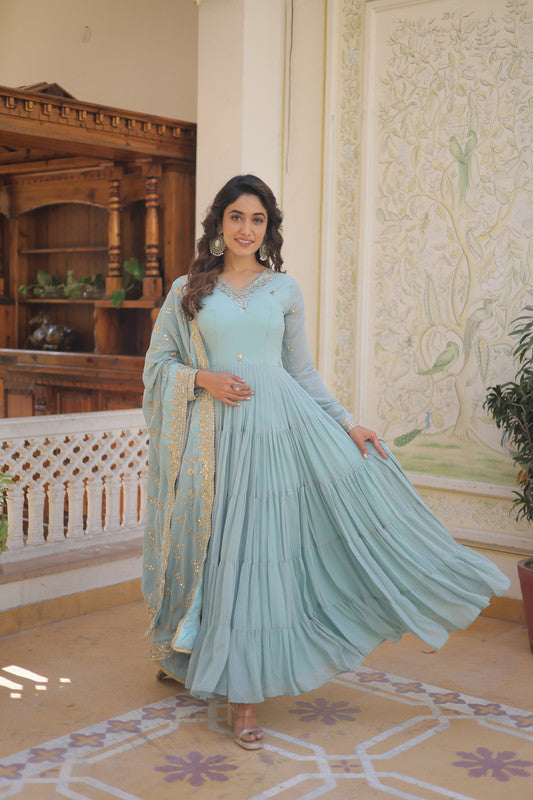 Jyoti Fashion Women's Sky Blue Faux Georgette Embroidered Partywear Anarkali Dress with Dupatta