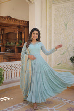 Jyoti Fashion Women's Sky Blue Faux Georgette Embroidered Partywear Anarkali Dress with Dupatta