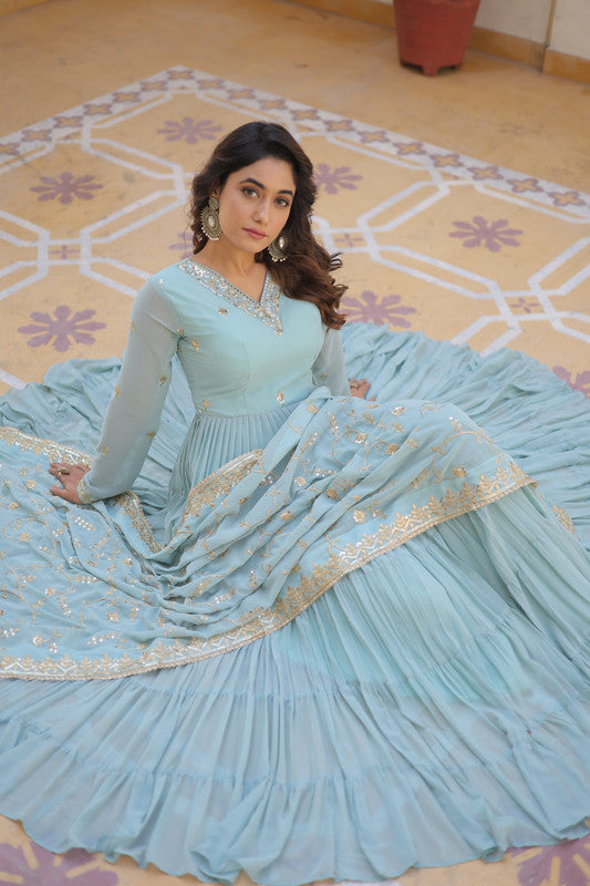 Jyoti Fashion Women's Sky Blue Faux Georgette Embroidered Partywear Anarkali Dress with Dupatta