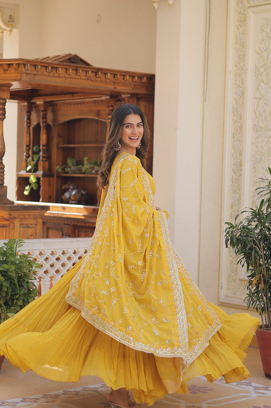 Jyoti Fashion Women's Yellow Faux Georgette Embroidered Partywear Anarkali Dress with Dupatta