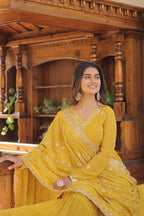 Jyoti Fashion Women's Yellow Faux Georgette Embroidered Partywear Anarkali Dress with Dupatta