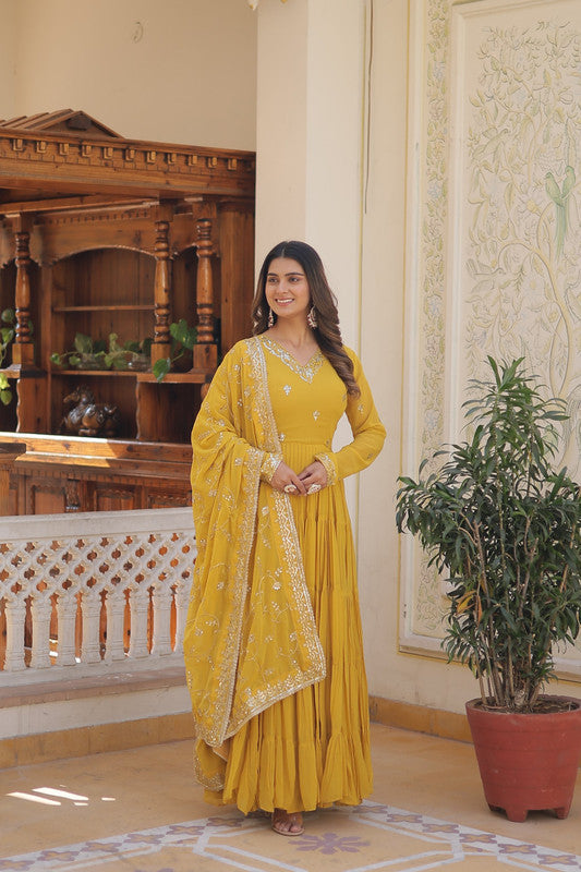 Jyoti Fashion Women's Yellow Faux Georgette Embroidered Partywear Anarkali Dress with Dupatta