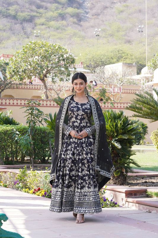 Jyoti Fashion Women's Black Viscose Jacquard with Sequins Embroidered Anarkali Dress with Dupatta
