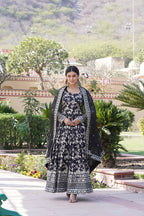 Jyoti Fashion Women's Black Viscose Jacquard with Sequins Embroidered Anarkali Dress with Dupatta