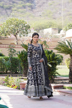 Jyoti Fashion Women's Black Viscose Jacquard with Sequins Embroidered Anarkali Dress with Dupatta
