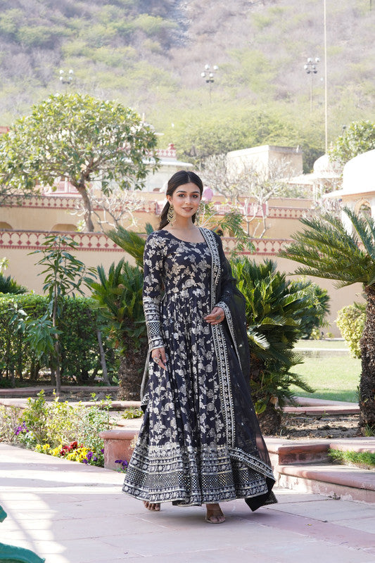 Jyoti Fashion Women's Black Viscose Jacquard with Sequins Embroidered Anarkali Dress with Dupatta