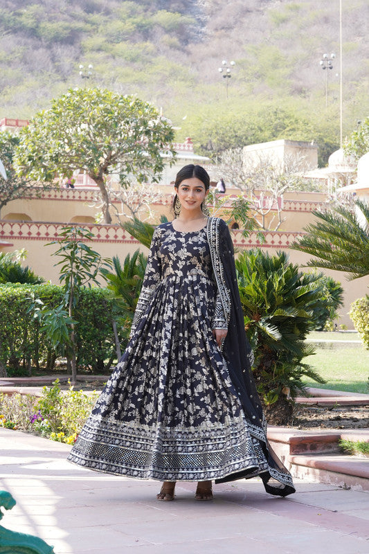 Jyoti Fashion Women's Black Viscose Jacquard with Sequins Embroidered Anarkali Dress with Dupatta