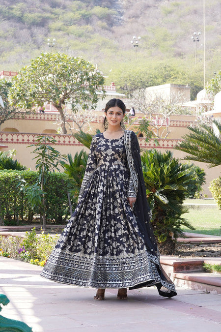 Jyoti Fashion Women's Black Viscose Jacquard with Sequins Embroidered Anarkali Dress with Dupatta