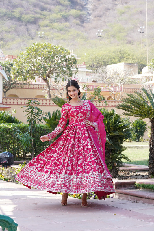 Jyoti Fashion Women's Pink Viscose Jacquard with Sequins Embroidered Anarkali Dress with Dupatta