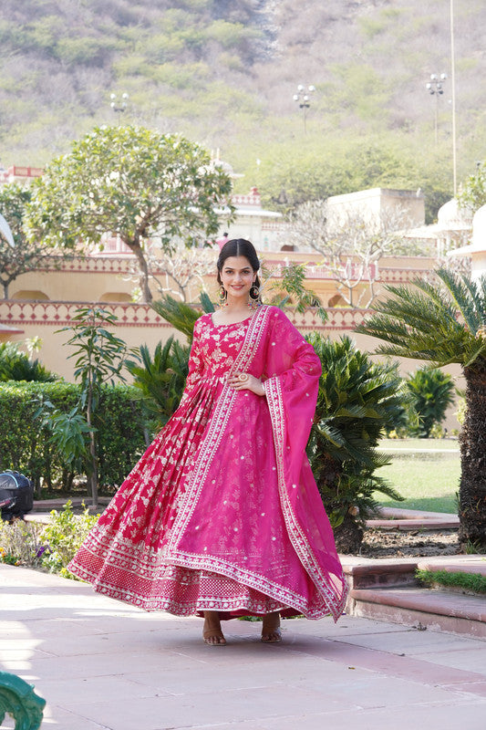Jyoti Fashion Women's Pink Viscose Jacquard with Sequins Embroidered Anarkali Dress with Dupatta