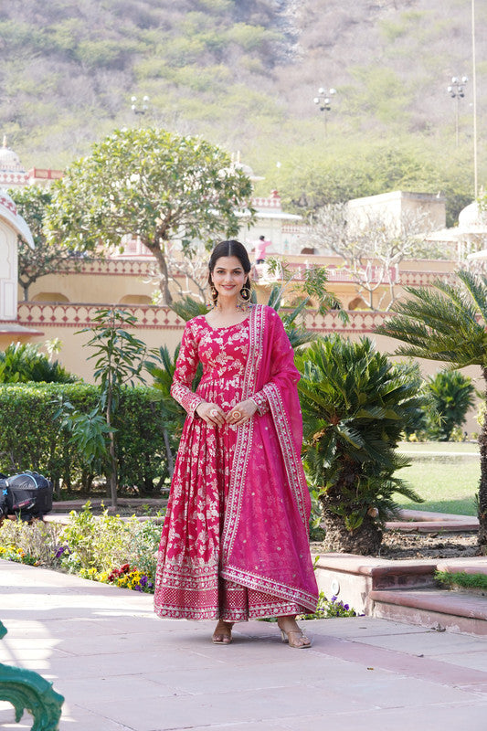Jyoti Fashion Women's Pink Viscose Jacquard with Sequins Embroidered Anarkali Dress with Dupatta