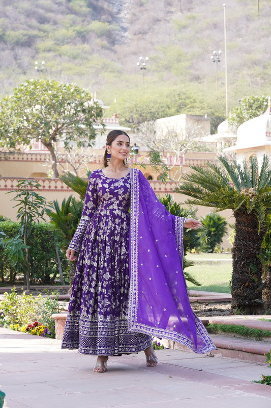 Jyoti Fashion Women's Purple Viscose Jacquard with Sequins Embroidered Anarkali Dress with Dupatta